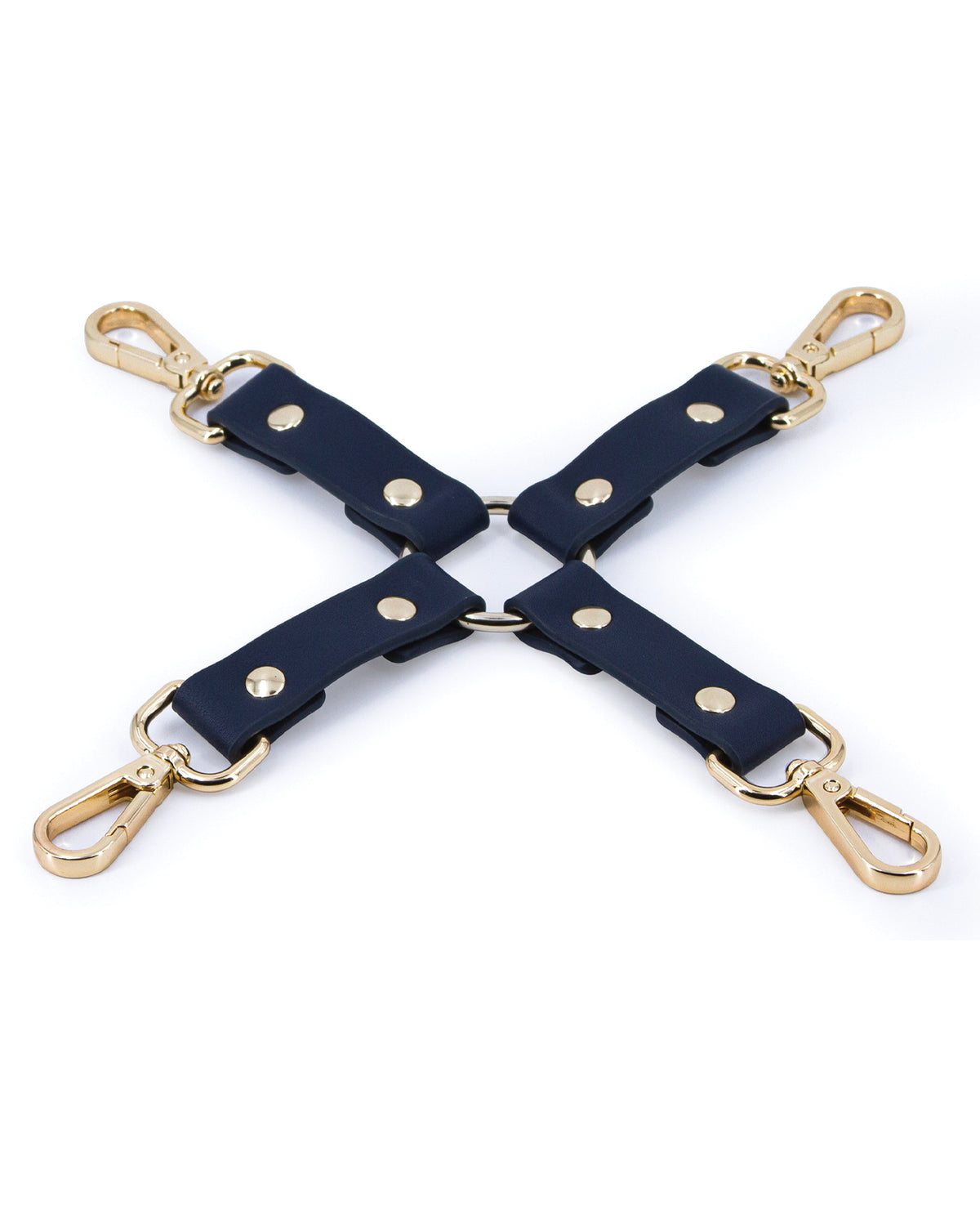 Blue PU leather hog tie restraint with nickel-free hardware by Bondage Couture