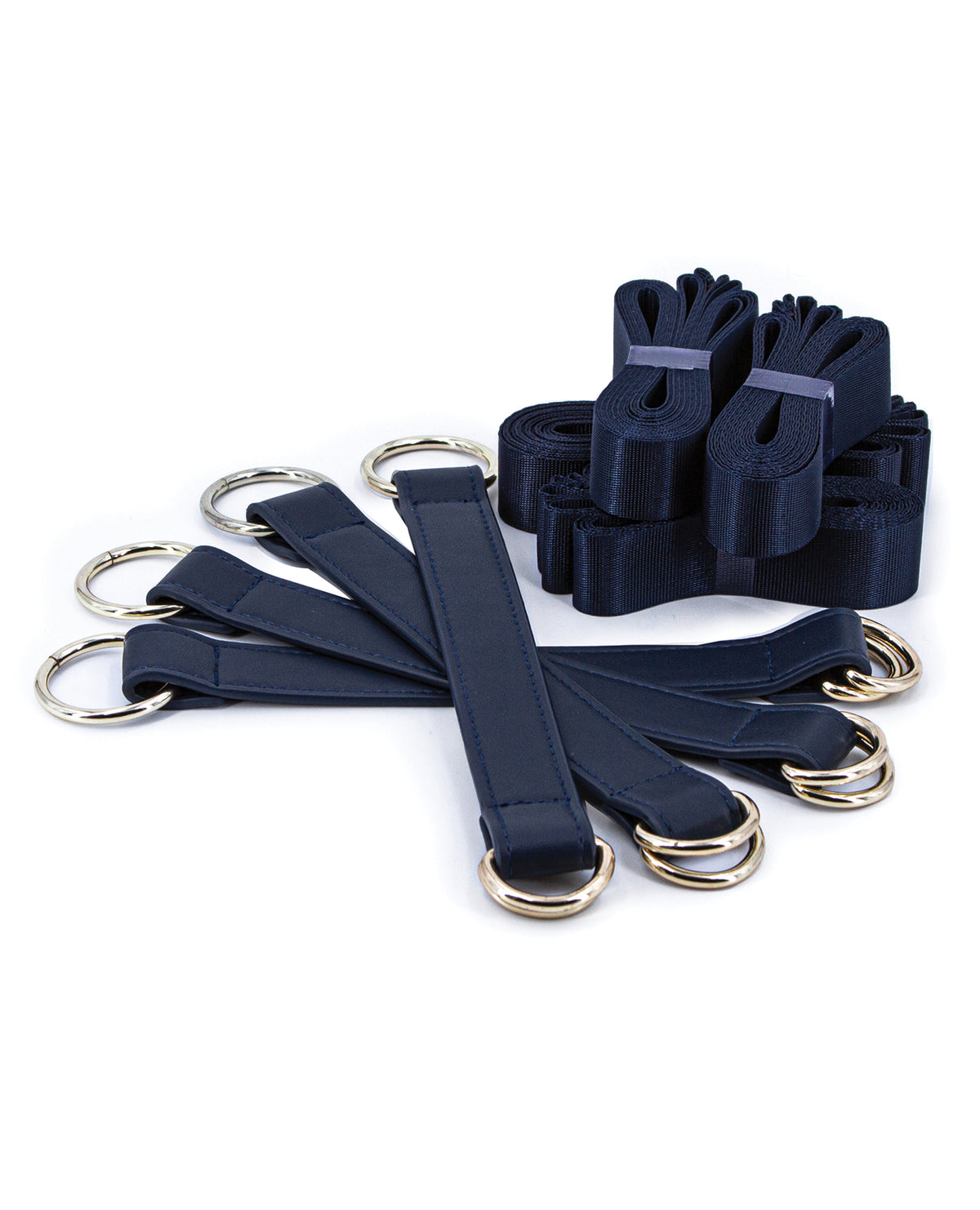 Blue bed tie down restraint straps with nickel-free hardware by Bondage Couture