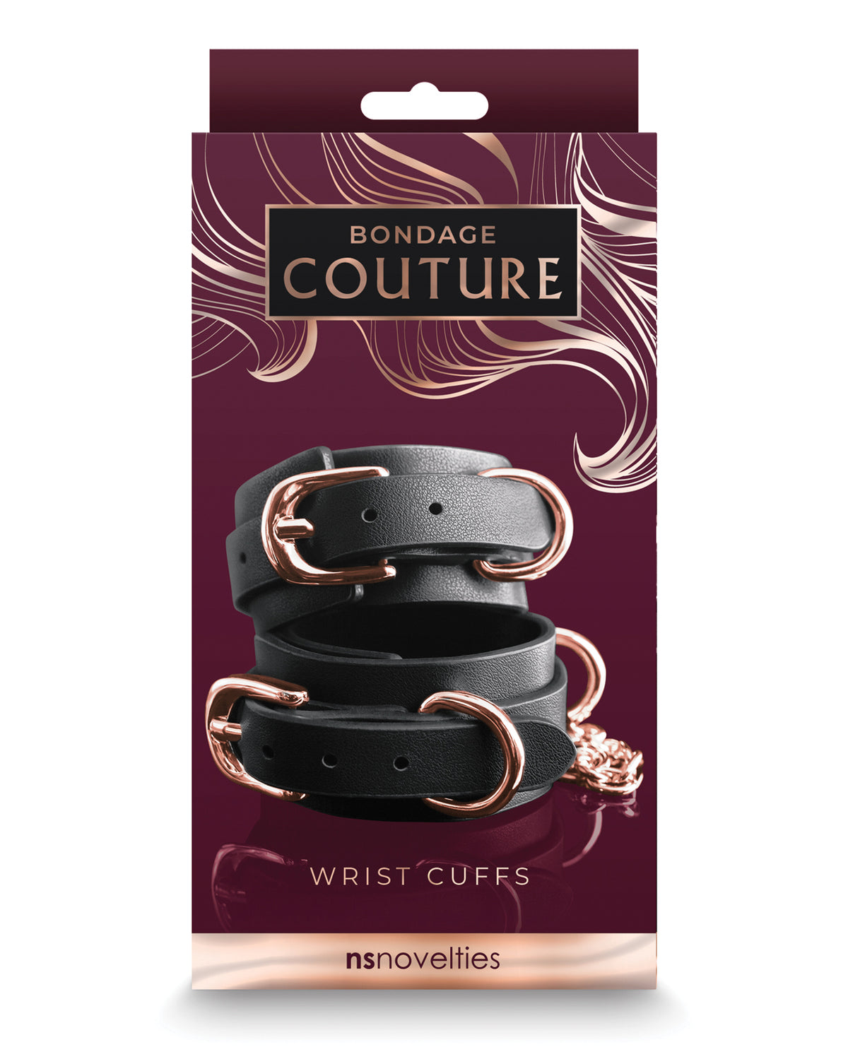 Black vinyl wrist cuffs with nickel-free hardware by Bondage Couture