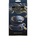 Blue vinyl wrist cuffs with nickel-free hardware by Bondage Couture