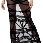 An additional view of the Bondesque black flocked tulle long dress