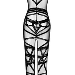 The Bondesque black flocked tulle long dress, seen from a different angle
