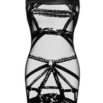 An additional view of the Bondesque black flocked tulle mini dress