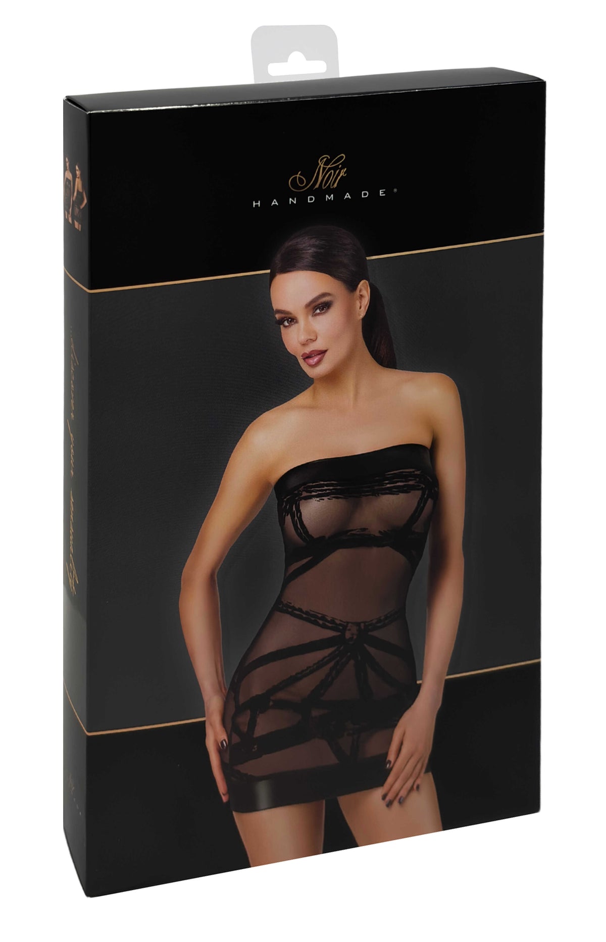 The Bondesque black flocked tulle mini dress, seen from a different angle