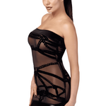 The Bondesque black flocked tulle mini dress with power wetlook bands top and bottom