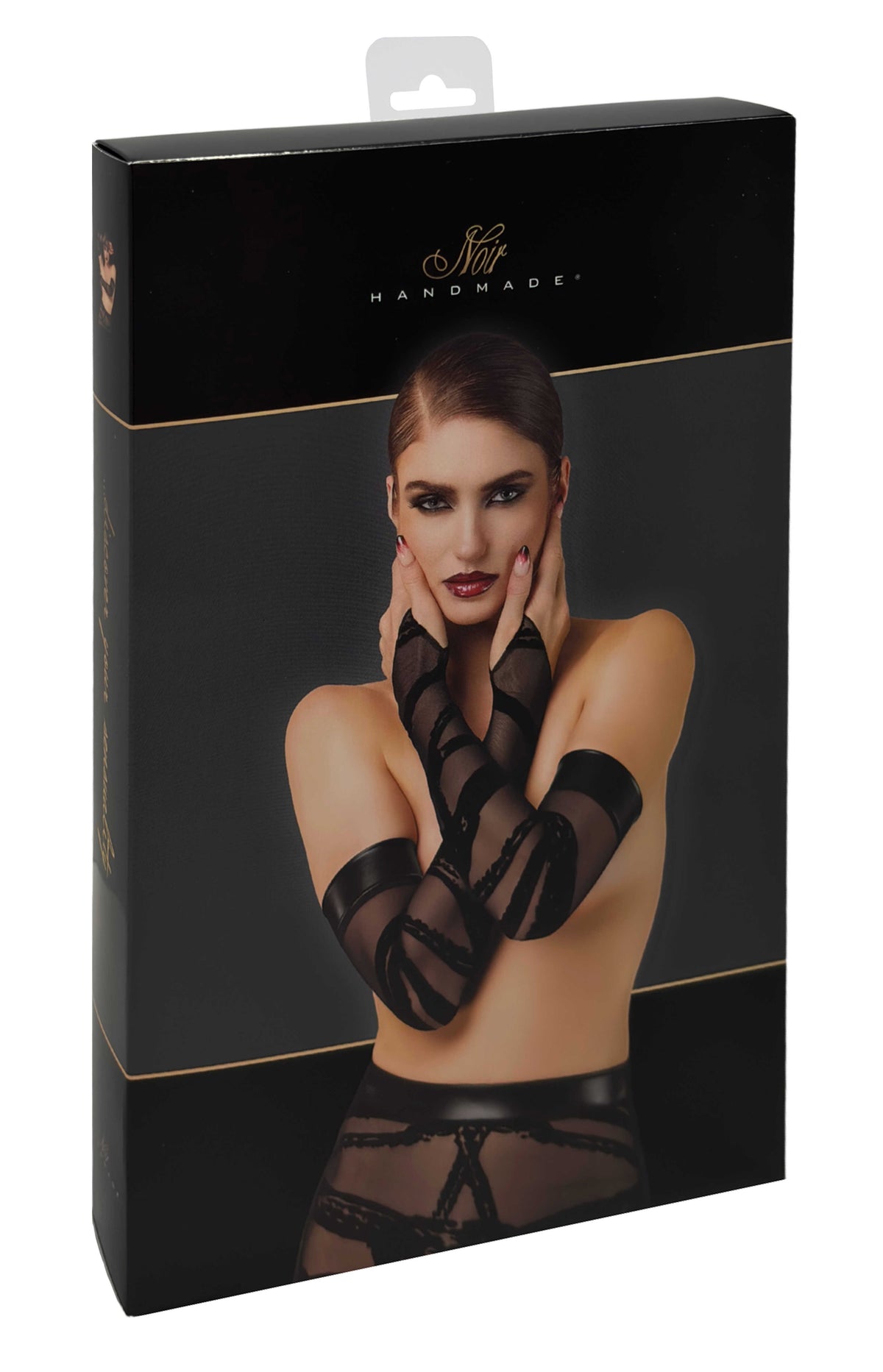 The Bondesque black flocked tulle opera gloves seen from another angle
