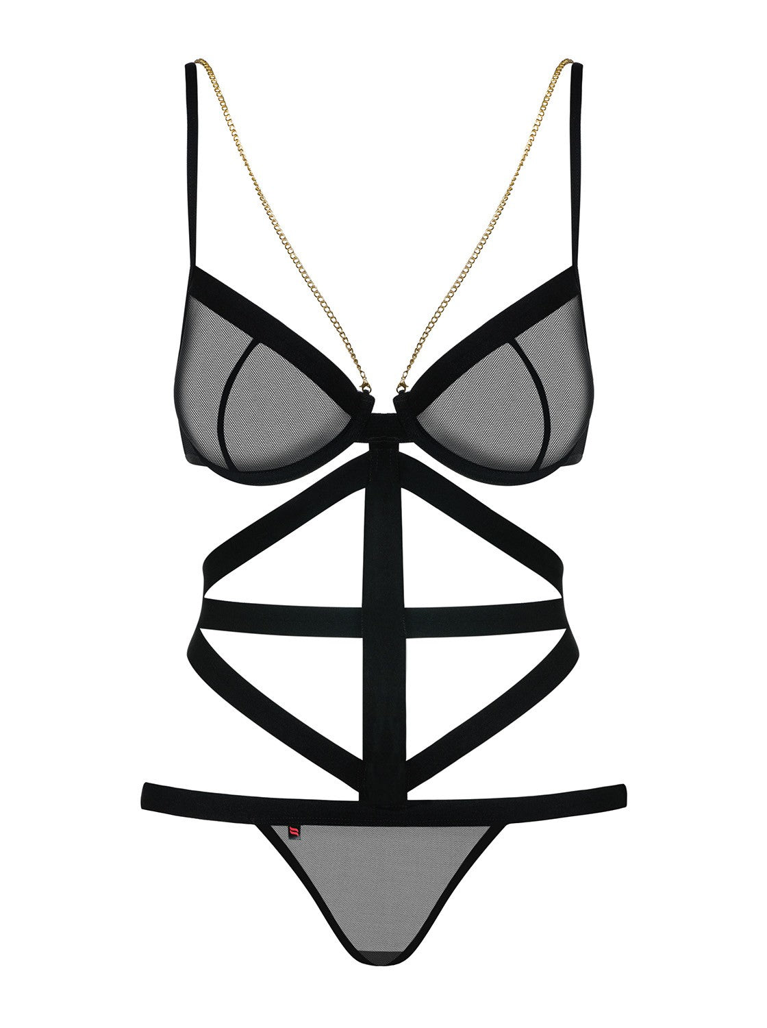 The Bondy black bandage teddy, featuring jewelry-chain details