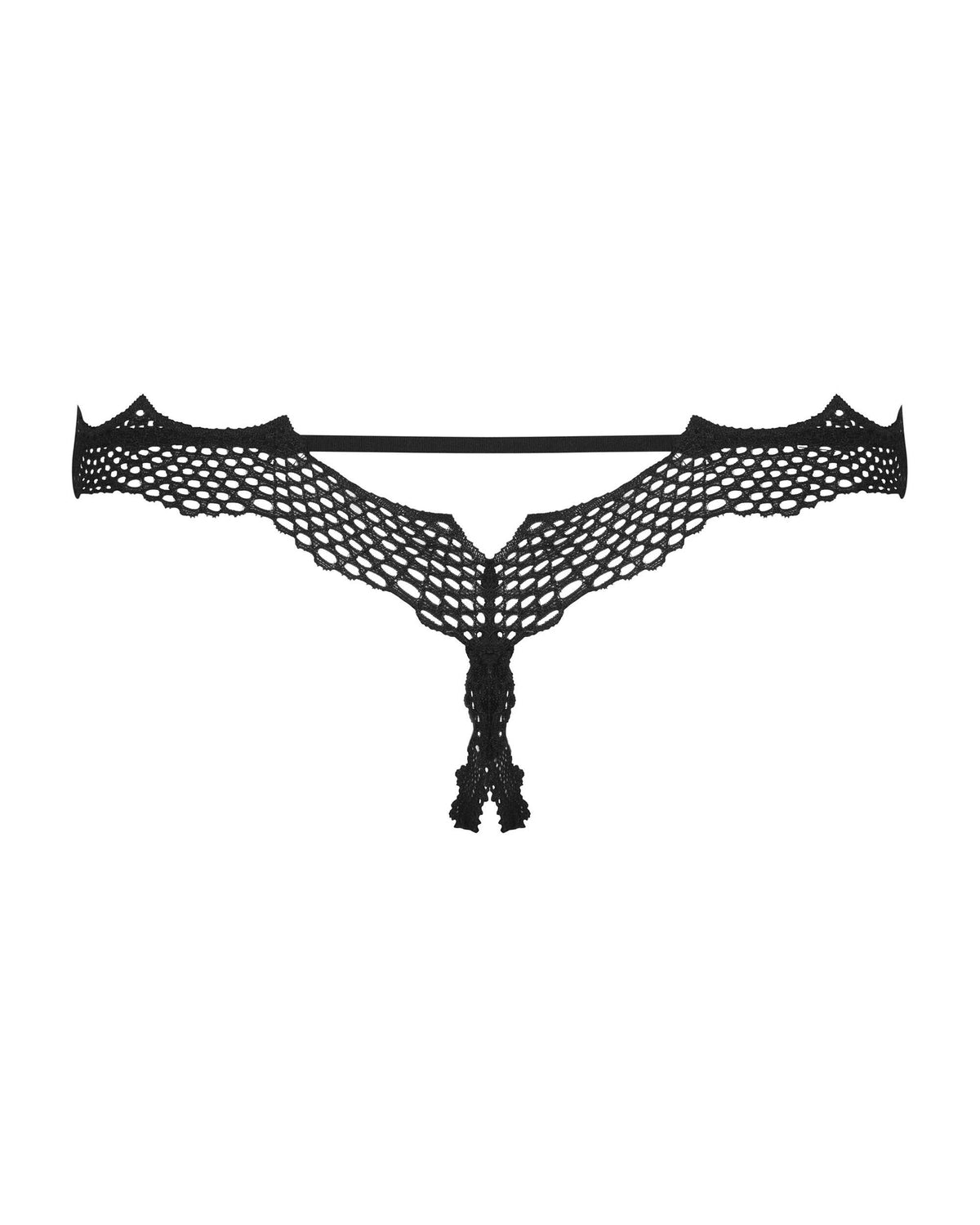 An additional view of the Bravelle black mesh crotchless thong