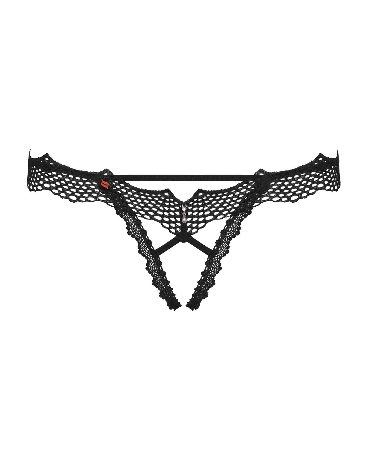The Bravelle black mesh crotchless thong, featuring an open crotch