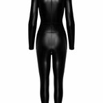 An additional view of the Caged black wetlook catsuit