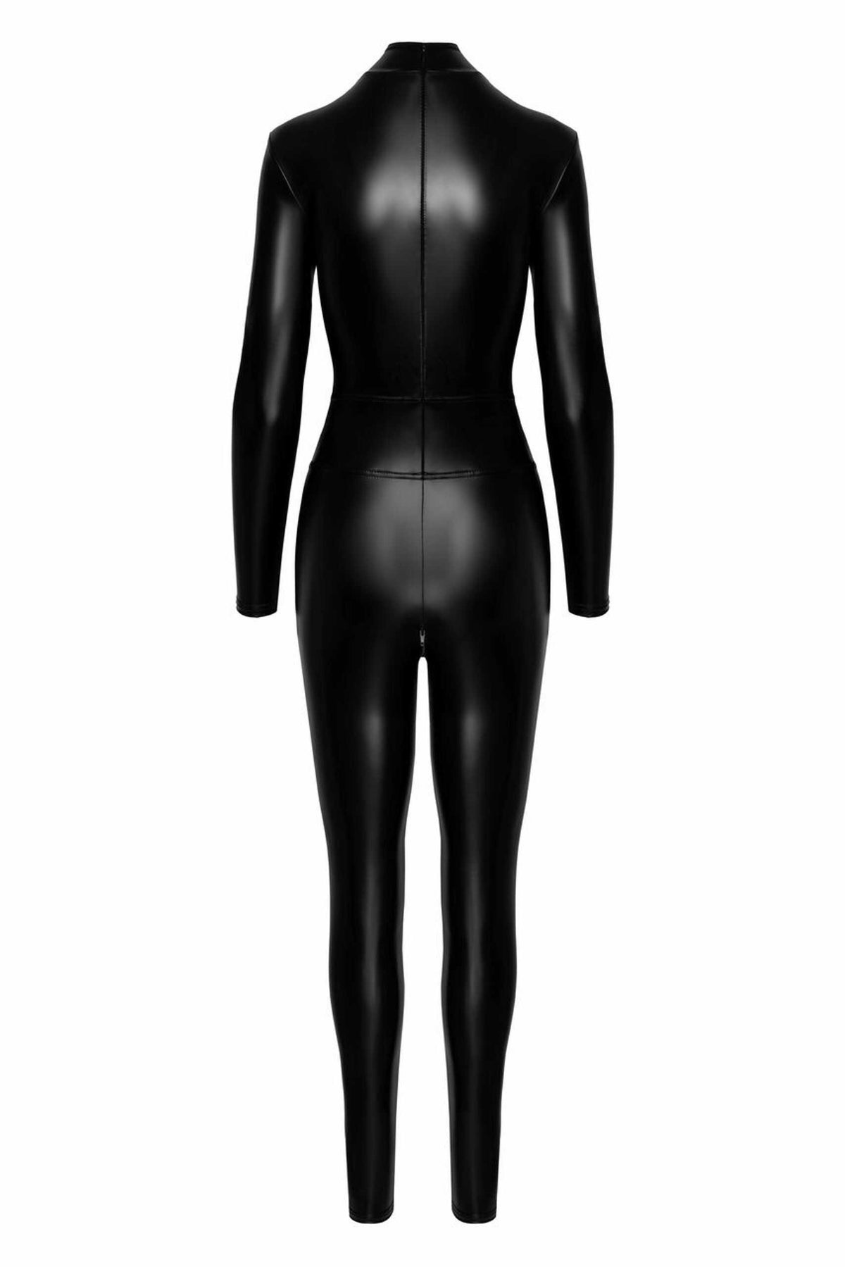 An additional view of the Caged black wetlook catsuit