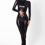An alternate view of the Caged black wetlook catsuit, with crotch and bust zippers