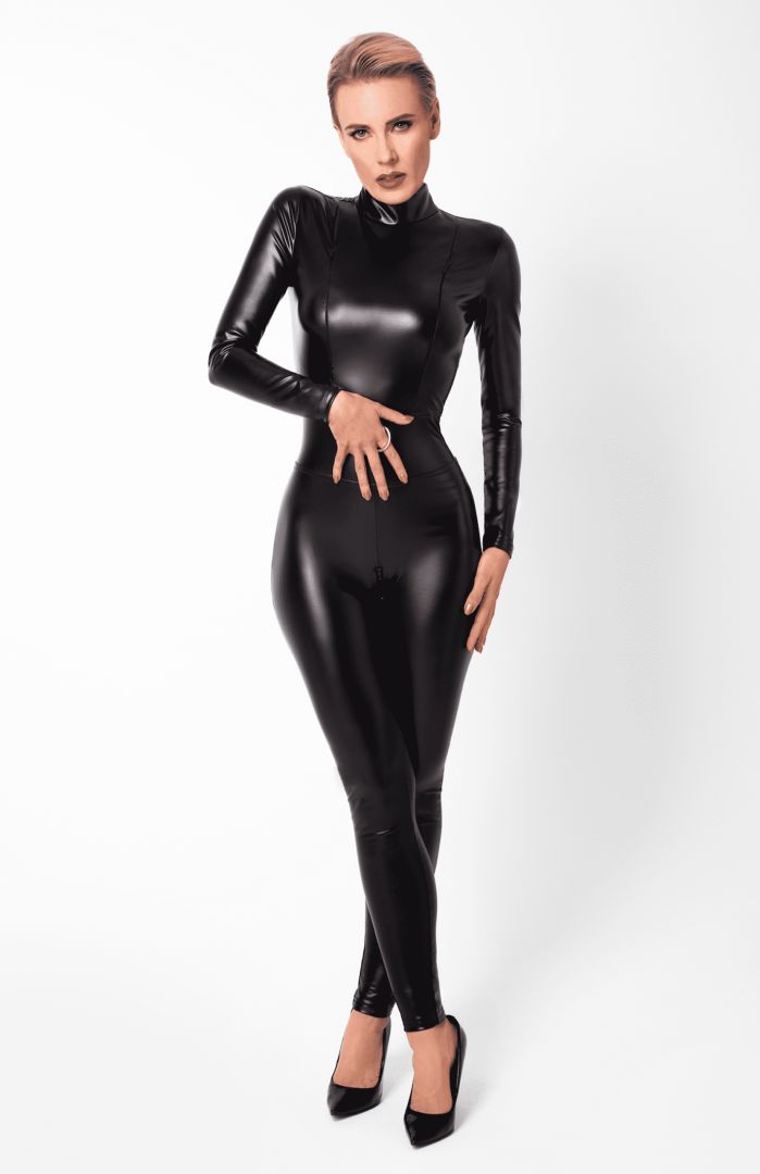 An alternate view of the Caged black wetlook catsuit, with crotch and bust zippers