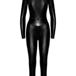 The Caged black wetlook catsuit, featuring a high collar