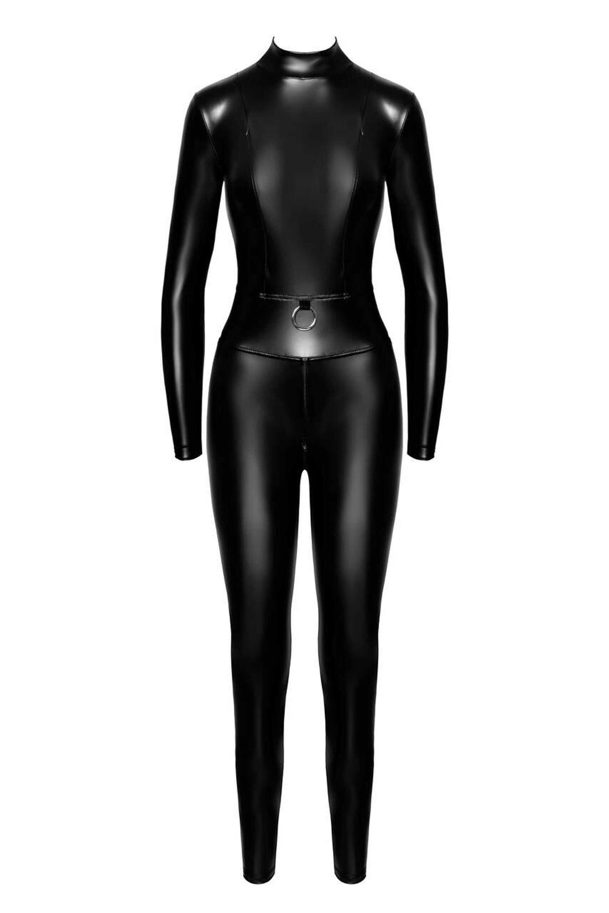 The Caged black wetlook catsuit, featuring a high collar