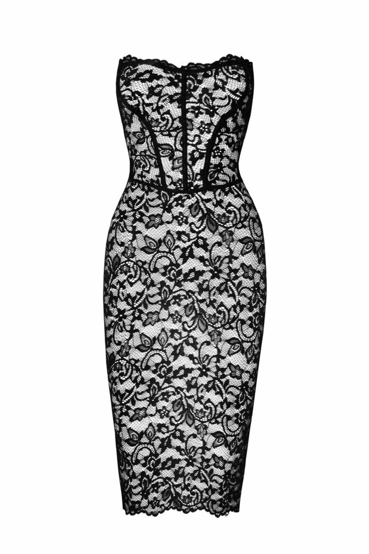 An additional view of the Catalyst black floral lace midi dress