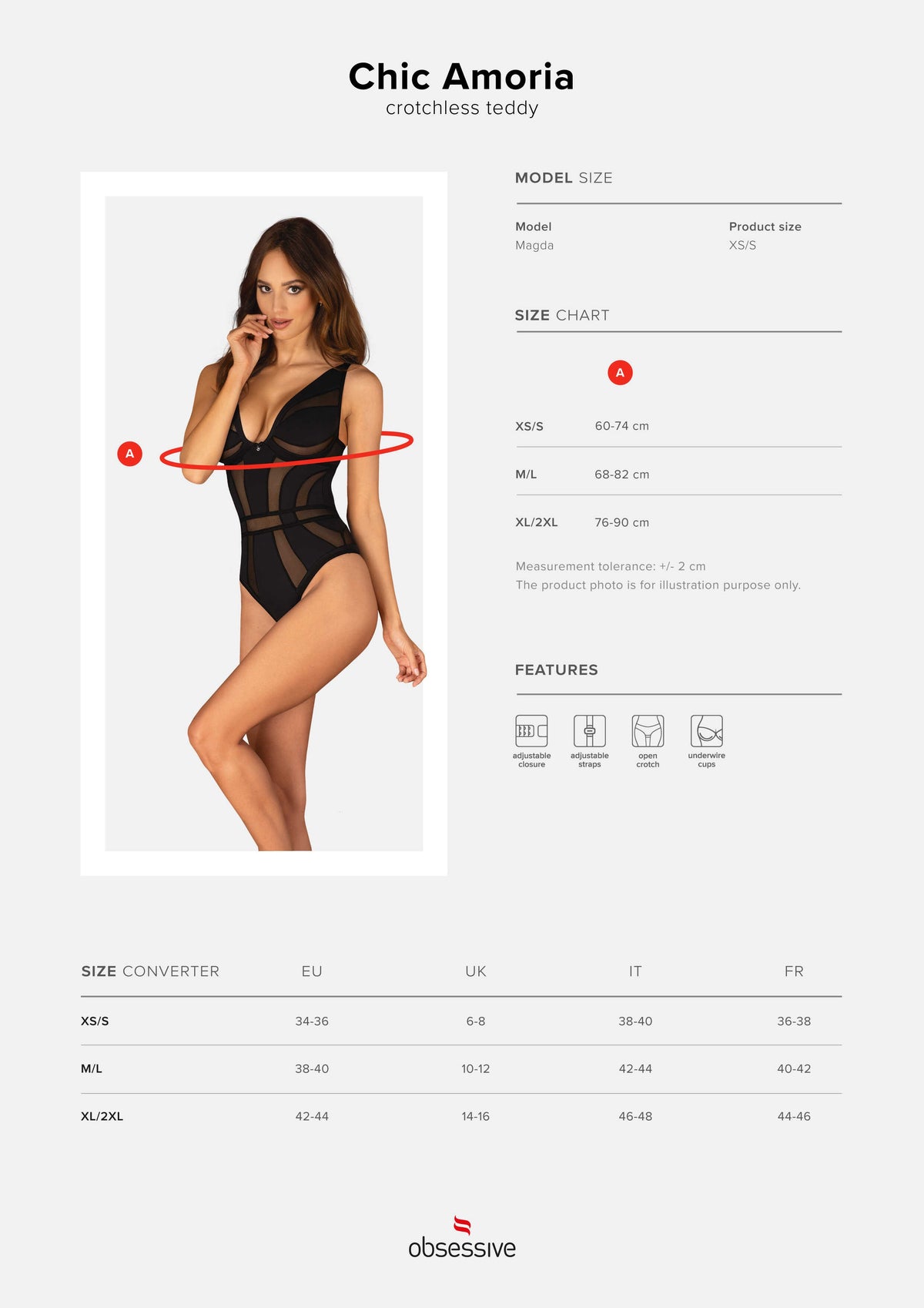 The Chic Amoria black mesh crotchless teddy, shown in an alternate image