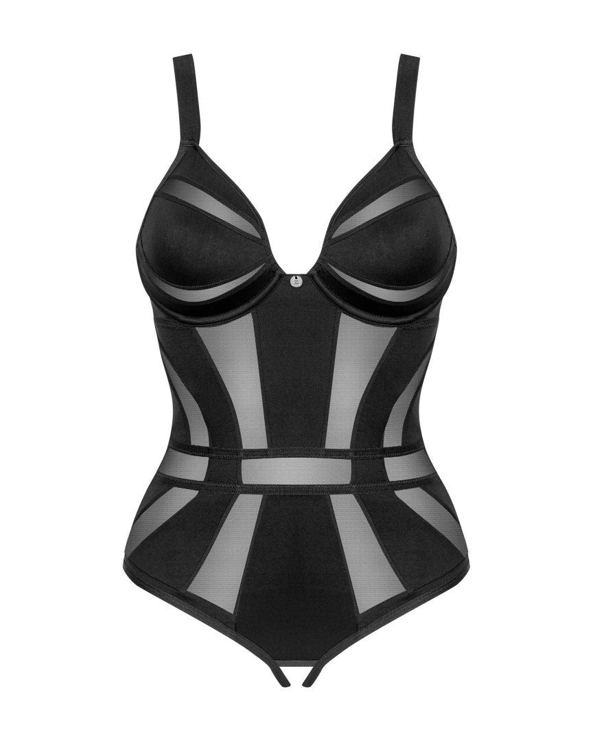 The Chic Amoria black mesh crotchless teddy, seen from a different angle