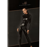 The Chimera black wetlook catsuit, shown in an alternate image