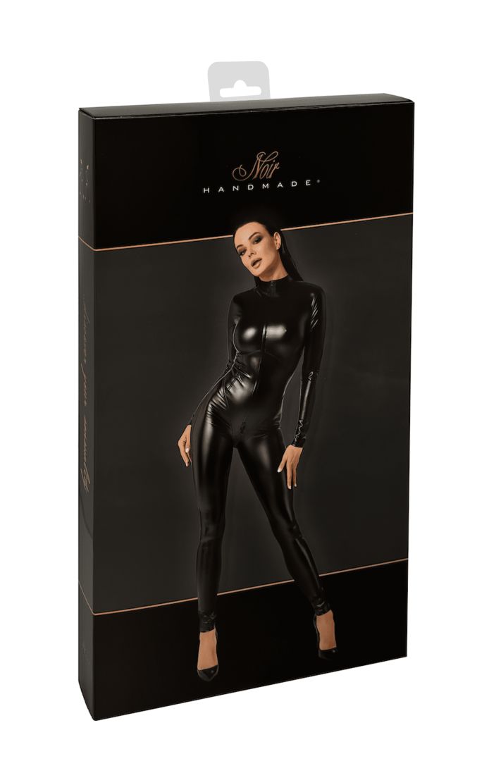 The Chimera black wetlook catsuit, shown in an alternate image