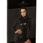 The Chimera black wetlook mini dress, seen from a different angle