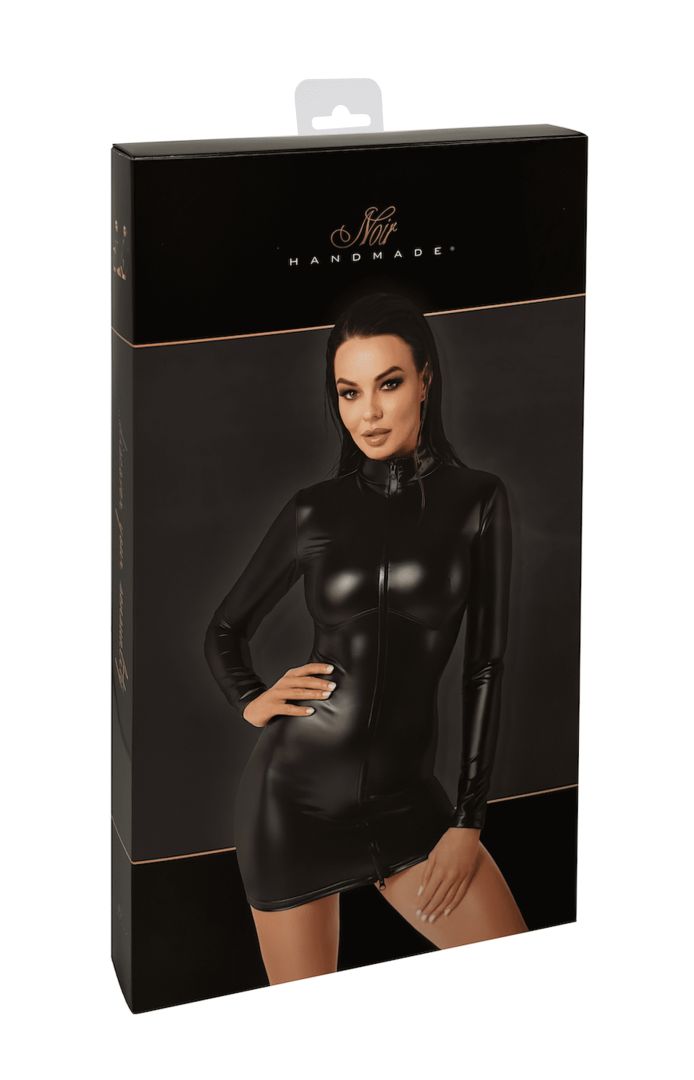 The Chimera black wetlook mini dress, seen from a different angle