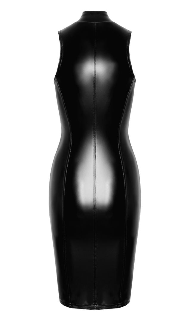 The Commandant black wetlook midi dress, seen from a different angle