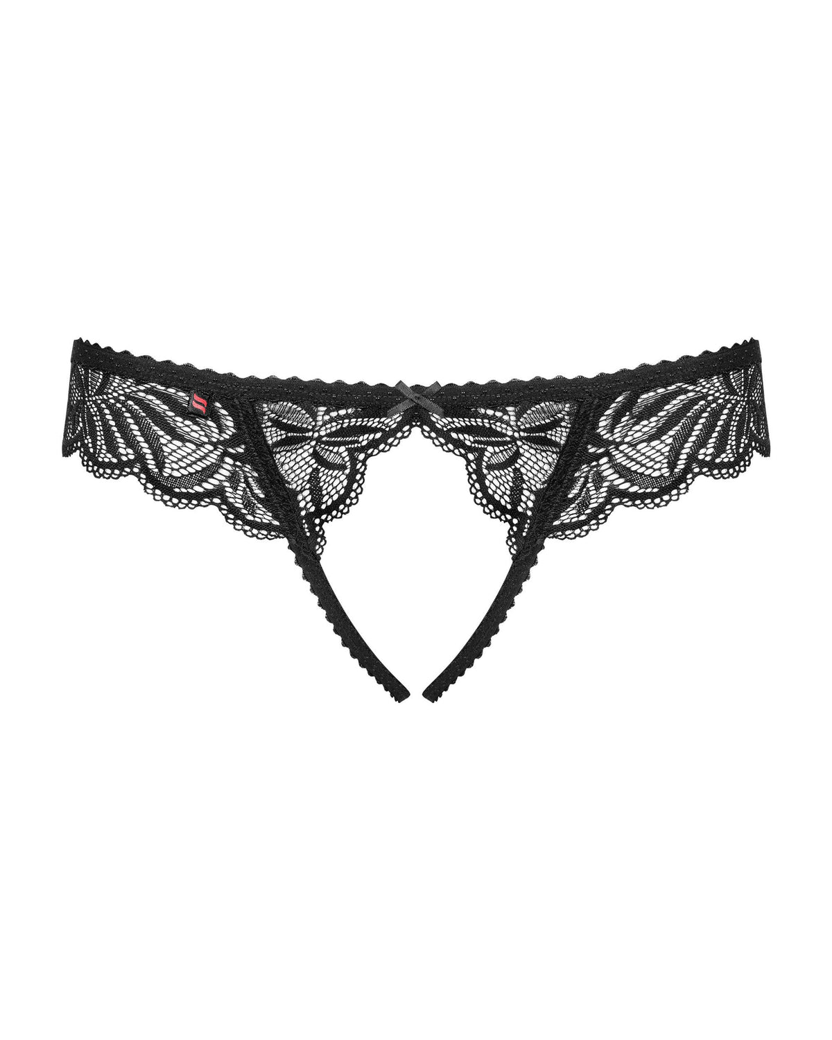 An additional view of the Contica black lace crotchless thong