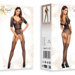 The Courtney black fishnet bodystocking with floral appliques on the top