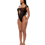 Black seamless teddy bodystocking with a sweetheart square neckline