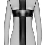 An additional view of the Crossfire black mesh and wetlook mini dress