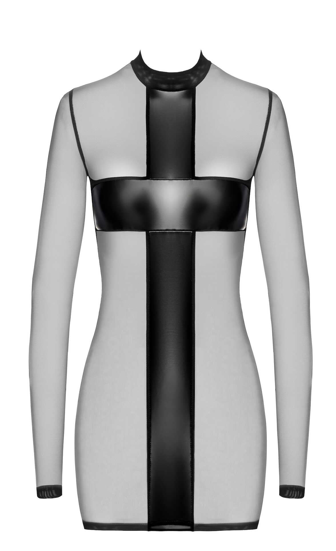 An additional view of the Crossfire black mesh and wetlook mini dress