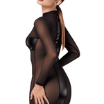 An alternate view of the Crossfire black mesh and wetlook mini dress, with wetlook panels