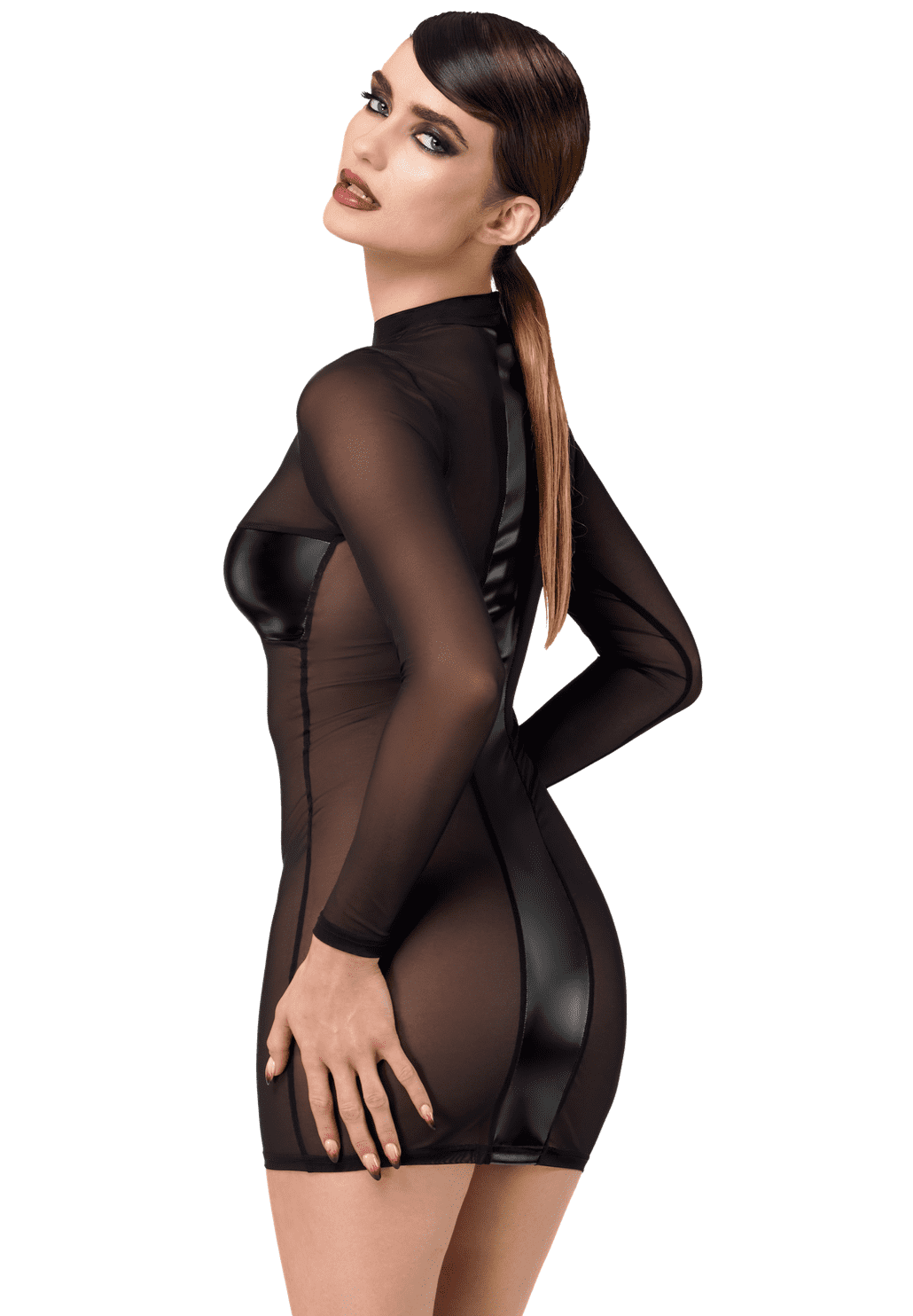 An alternate view of the Crossfire black mesh and wetlook mini dress, with wetlook panels