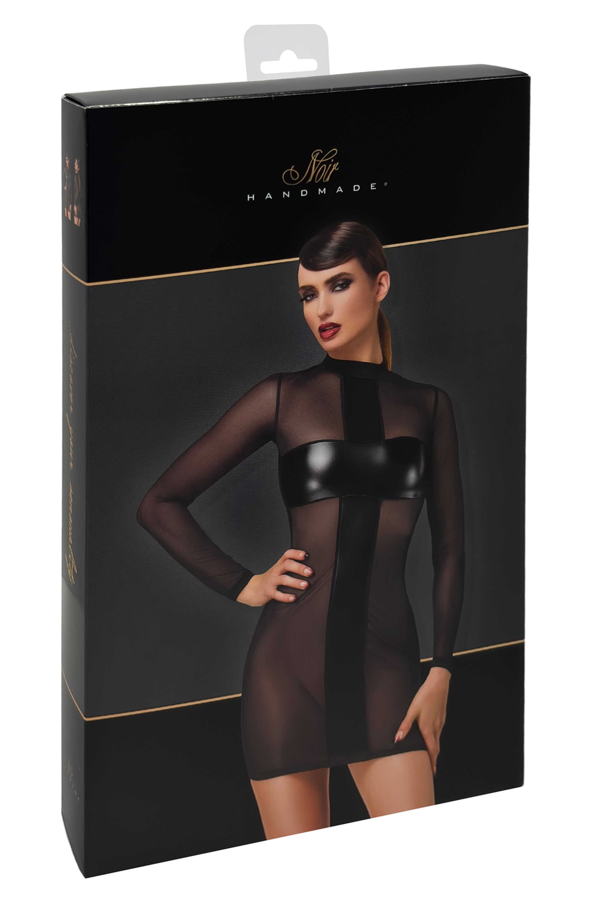 The Crossfire black mesh and wetlook mini dress, seen from a different angle