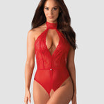 The Dagmarie red lace crotchless teddy with an exposed back