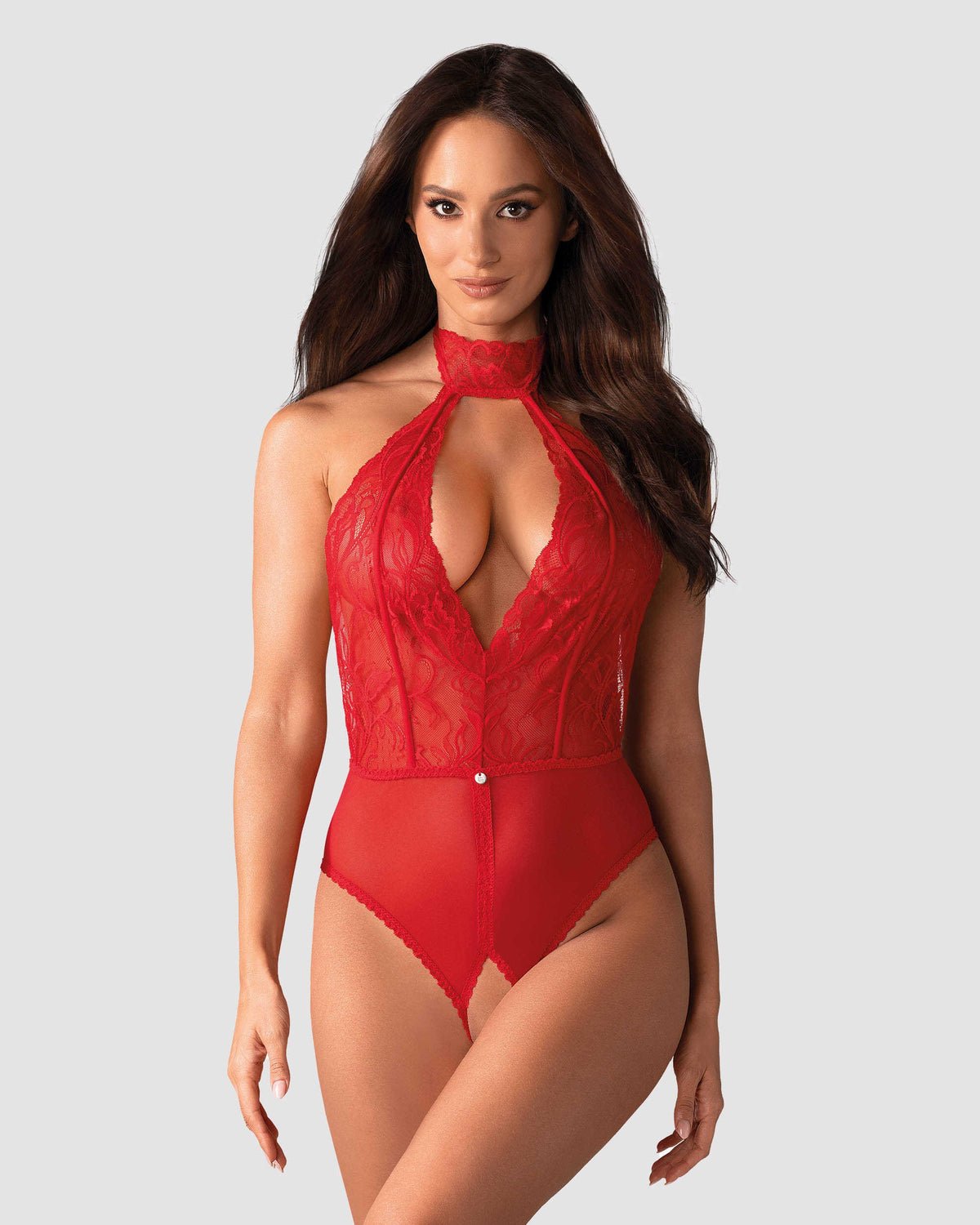 The Dagmarie red lace crotchless teddy with an exposed back