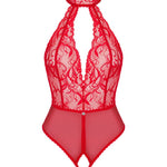 The Dagmarie red lace crotchless teddy, featuring a silver detail at the front