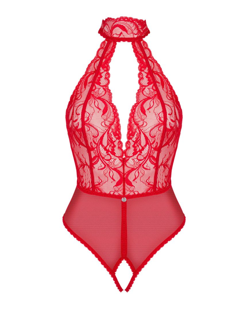 The Dagmarie red lace crotchless teddy, featuring a silver detail at the front