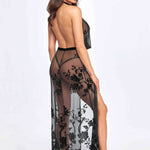 An alternate view of the Divinity black long flocked mesh dress, with a halter neckline