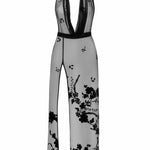 The Divinity black long flocked mesh dress seen from another angle