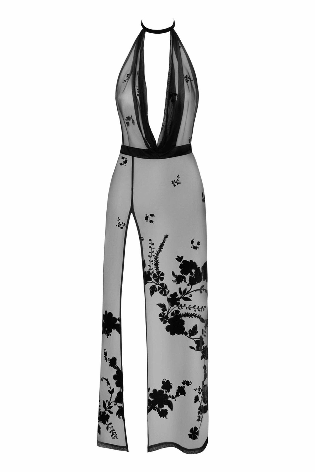 The Divinity black long flocked mesh dress seen from another angle