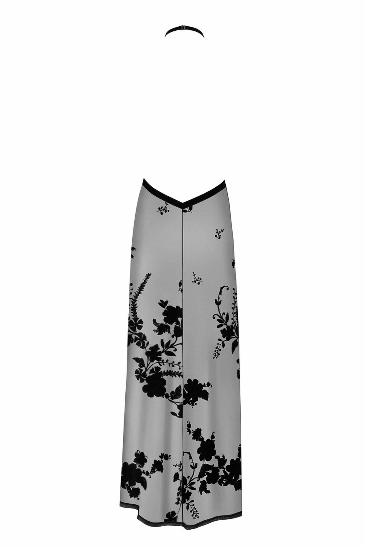 The Divinity black long flocked mesh dress, featuring a front slit