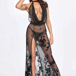 The Divinity black long flocked mesh dress with a velvet collar