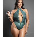 Plus size Domina green lace and leatherette keyhole halter teddy and leash set by Domina by Fantasy