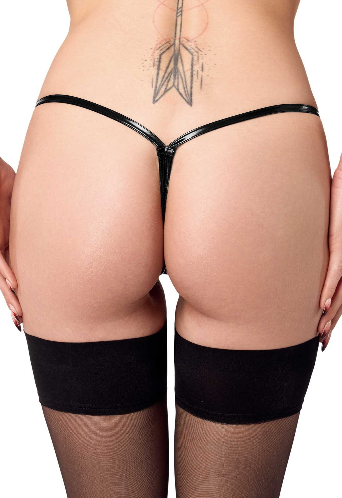 The Dominae black PVC string panty with a shiny PVC coating