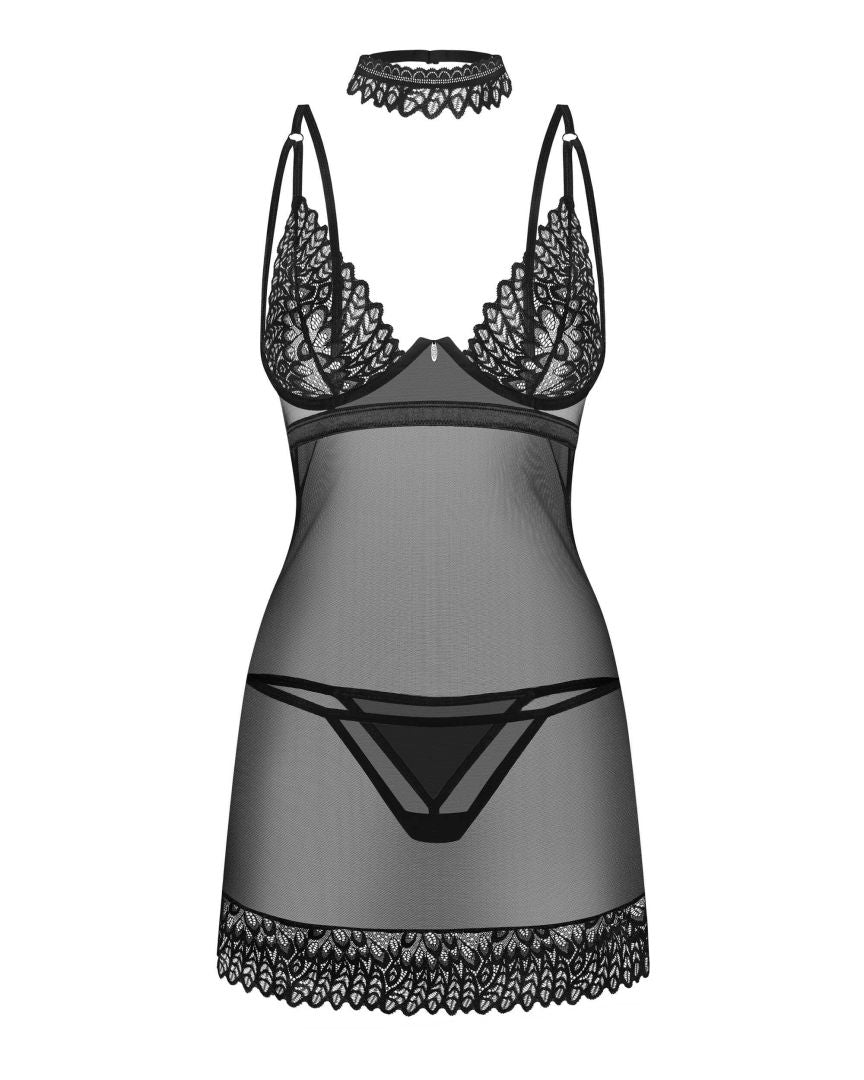 The Donarella black chemise and thong, featuring multi-stage fastening