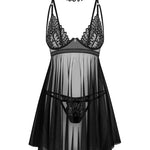 An additional view of the Donarella black lace babydoll and thong