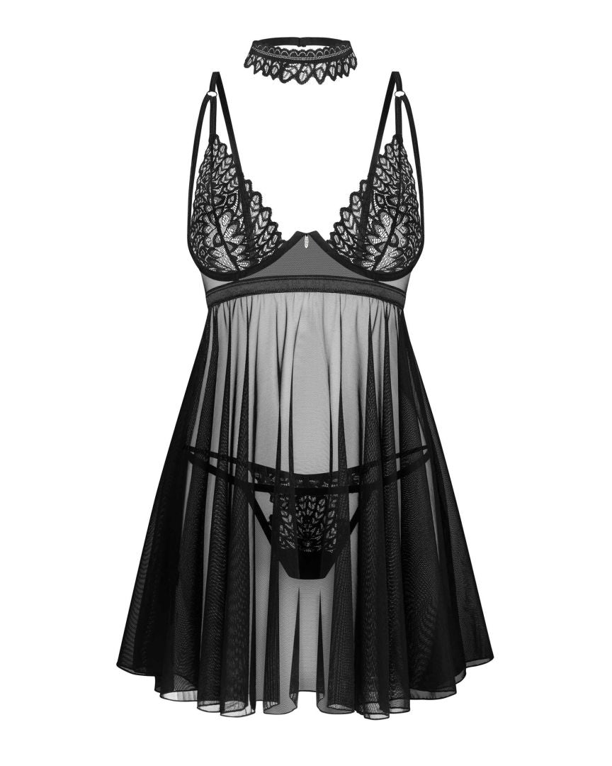 An additional view of the Donarella black lace babydoll and thong