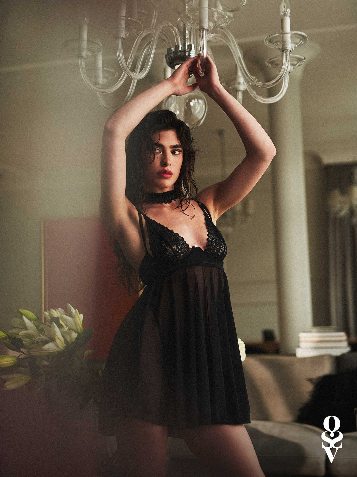 The Donarella black lace babydoll and thong seen from another angle